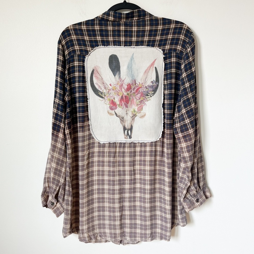Boho Jane Plaid Ombre Button Up Tunic Top Floral Cow Skull Graphic Womens Large